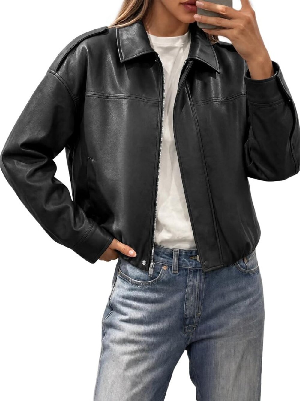 Womens Black Leather Oversized Lapel Collar Cuff Sleeve Zip Up Bomber Jacket